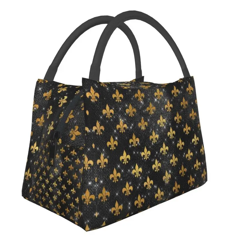 

Elegant Black And Gold Fleur De Lis Thermal Insulated Lunch Bag Fleur-De-Lys Lily Floral Portable Lunch Tote Work Meal Food Box