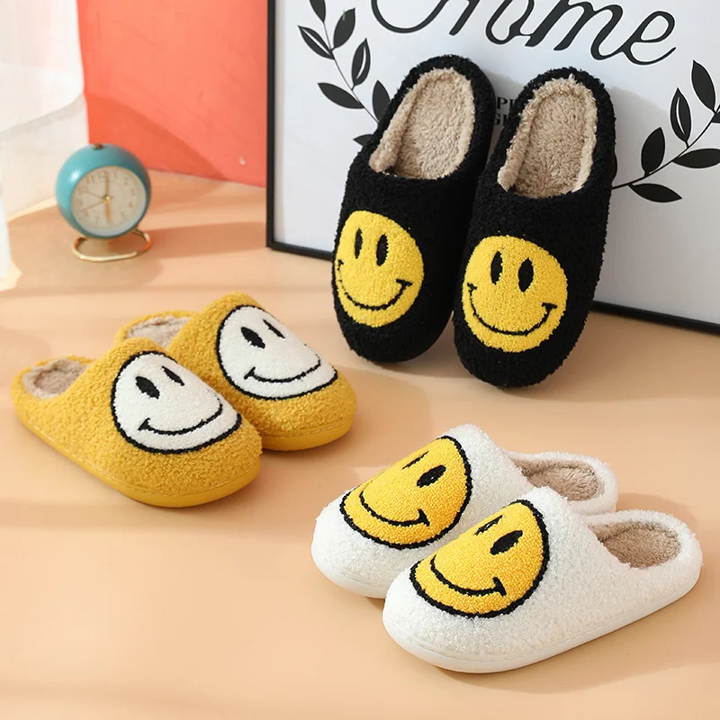 Hot Winter Big Smiley Pattern Women Fur Slippers House Couples Men Fluffy Slides Autumn Warm Plush Bedroom Ladies Cotton Shoes
