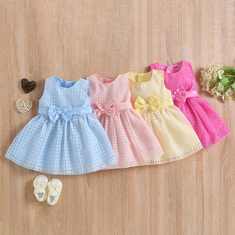 

Baby Girls Party Dress Solid Plaid Sleeveless A-Line Sundress With Bowknot Belt