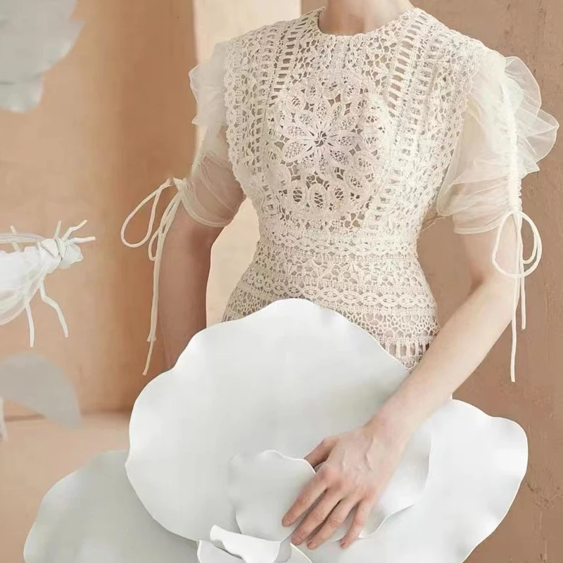 

Apricot Lace Women's Dress 2022 Puff Sleeve Embroidery Flower Vintage Dress Bodycon Elegance Summer Party Vestido High Waist