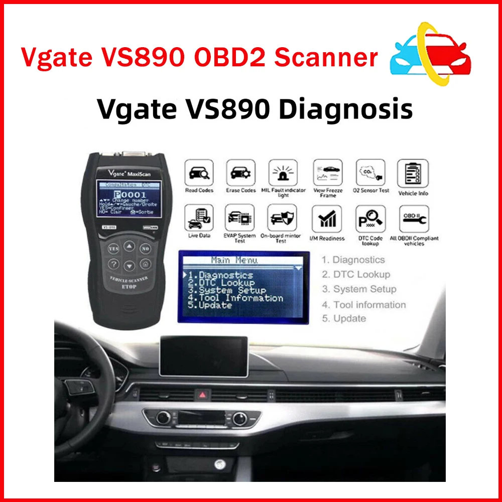 Считыватель кодов Vgate MaxiScan VS890S Mini VS890, диагностический сканер OBD2 EOBD CAN OBDII DTC, Многоязычный ЖК-дисплей, Автомобильные диагностические инструменты