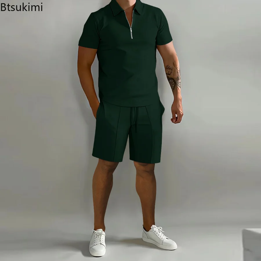 New Summer Men's POLO Shirt 2-piece Suit Casual Solid Color T-shirt and Shorts Sleeve Lapel Tops And Shorts Men Sports Clothing