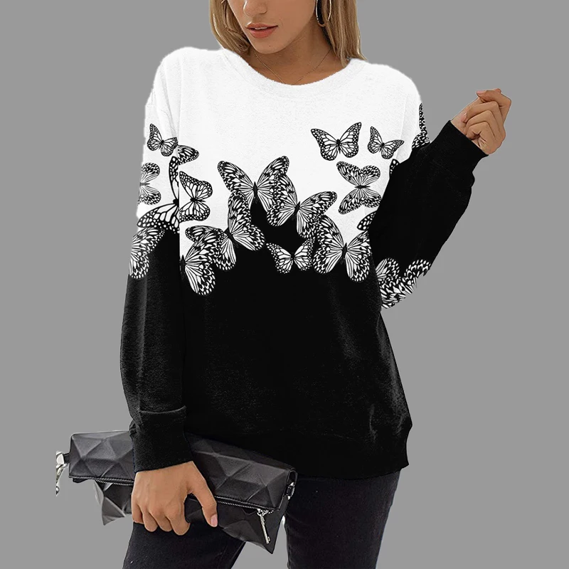 2022 Trendy Couture Black White Butterfly Printed Pullover Female Sweatshirt Spring Essential Women Clothes Long Sleeve Blouse