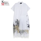 Новое летнее Стильное женское белое платье-рубашка размера плюс, платье с сетчатым подолом и принтом, женское повседневное уличное праздничное платье, Robe Femme 8221