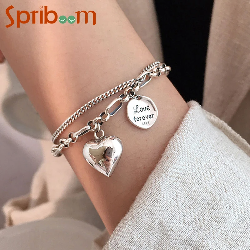 

Double Layer Bracelets for Women Silver Color Love Heart Letter Charm Chain Bracelet Retro Luxury Jewelry Valentines Day Gift