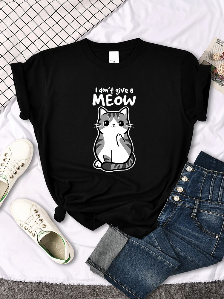 i don't give a meow Funny cat Cartoon animal print T-shirts ladys Oversize Comfortable kawaii top womens Soft Skin-friendly tees