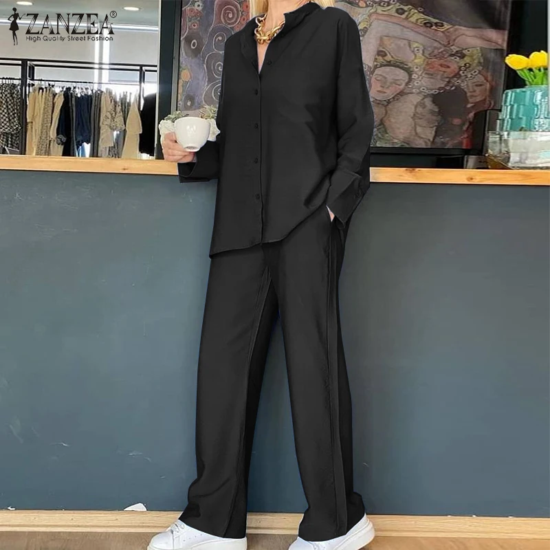 

Women Fashion Matching Sets Oversized Casual Solid Pants Sets ZANZEA 2022 OL Spring Long Sleeve Tops Wide Leg Pants Female Suits