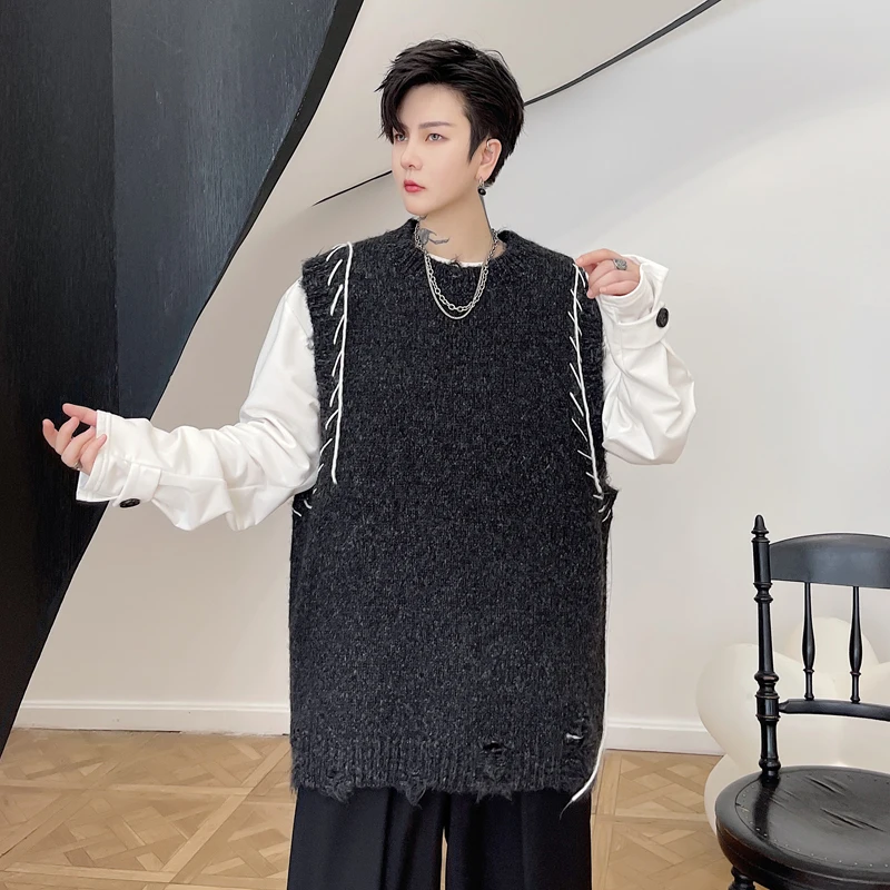 

Men Broken Hole Pullover Knitted Sweater Vest Women Male Streetwear Hip Hop Vintage Loose Sleeveless Sweater Waistcoat Vest
