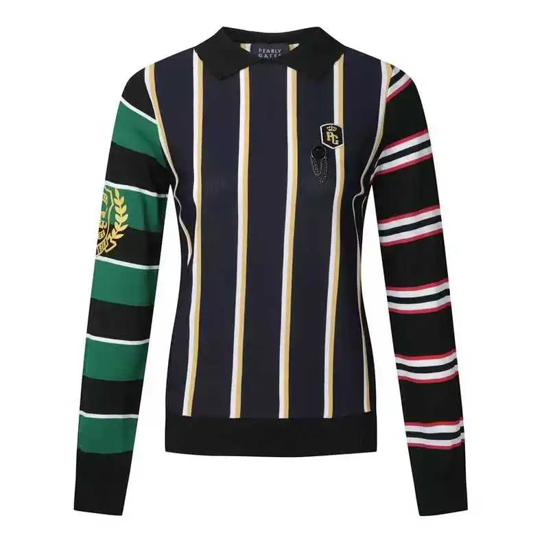 

Korean Original Golf Jacket Women Casual Stripe Knitwear Golf Polo Sweater Autumn Winter Slim Elastic Long Sleeve Golf Wear