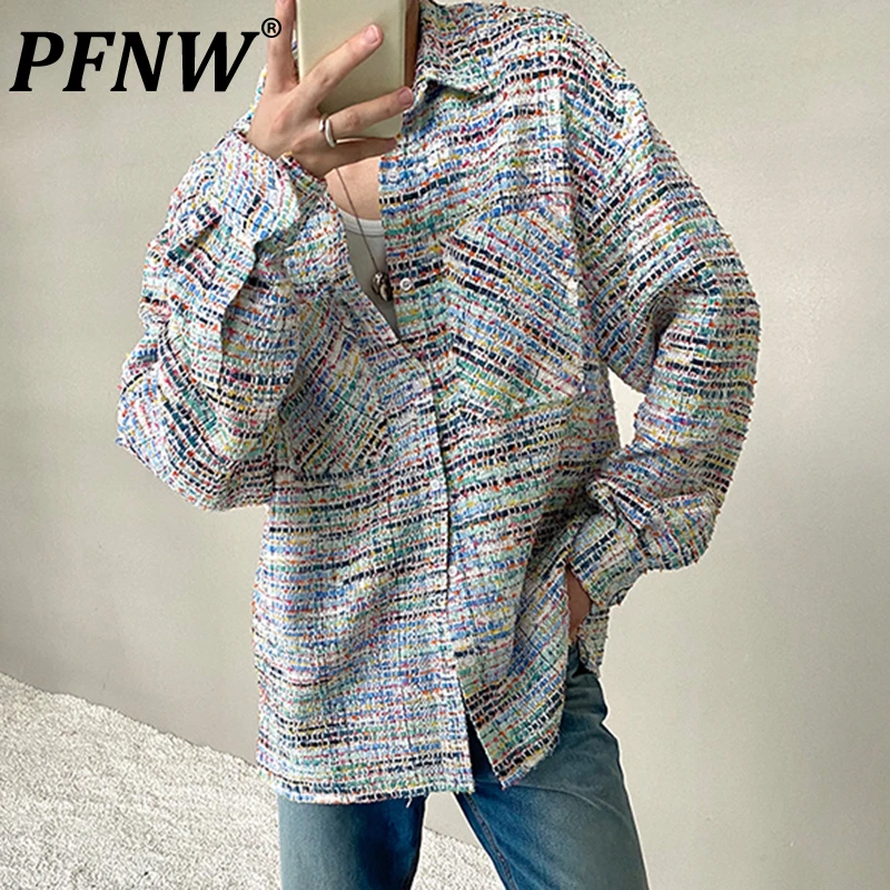

PFNW Spring Summer Men's Tide Contrast Colours Knitting Shirts Leisure Thick Handsome Fashion Delicacy Cotton Loose Tops 12A8771