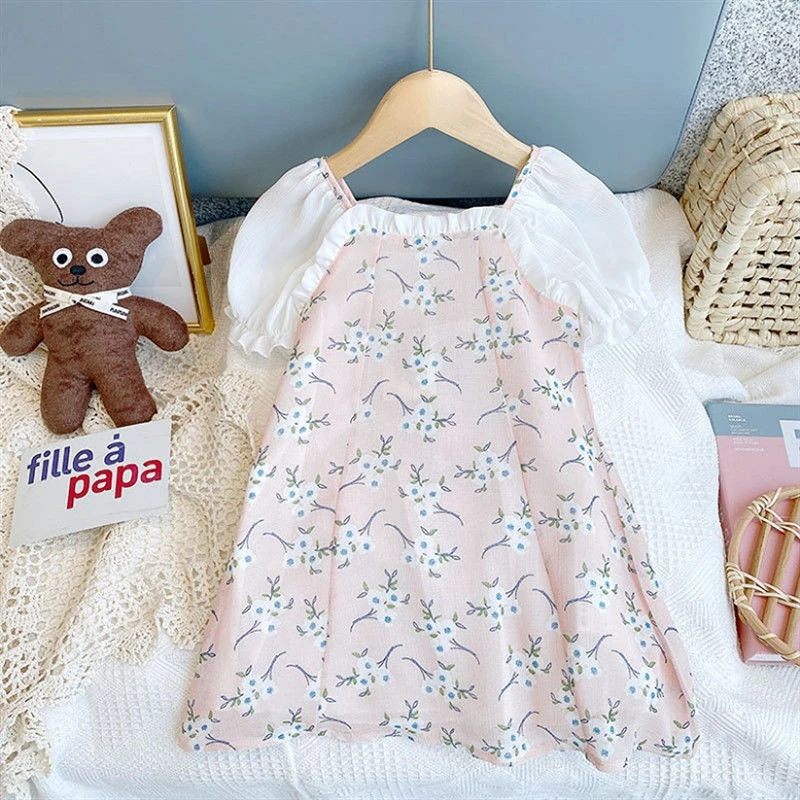 

2022 New Girls Flower Dresses Children’s Summer Chiffon Puff Sleeve Lace Floral Princess Dress Fashion Sweet Baby Girl Clothes
