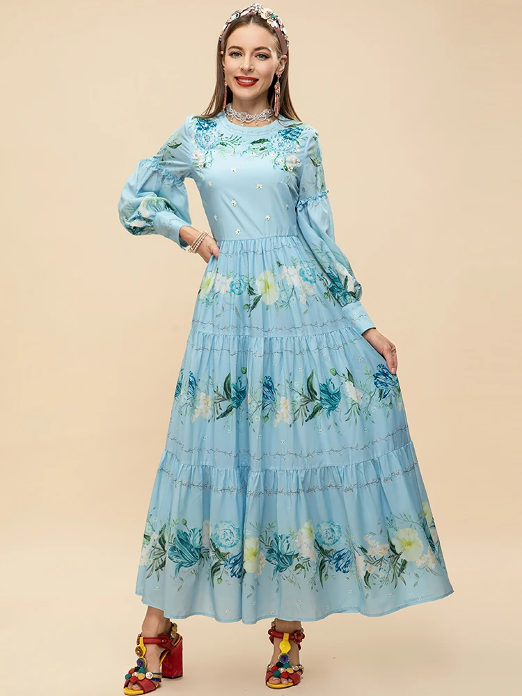 

Dresses For Women 2023 Runway Luxury Designer Elegant Vacation Lantern Sleeve Beading Blue Floral print A-line Long Party Dress