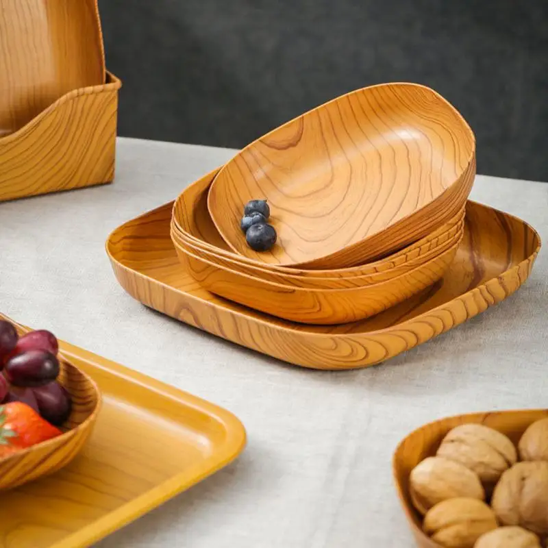 

1PC Wood Grain Plastic Square Plate Fruit Bow Afternoon-tea Cake Snack Plates Table Dish Kitchen Storage Container Tableware