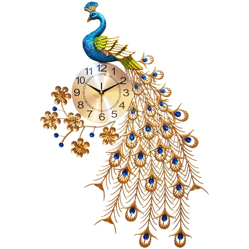 

93X60cm 3D Large Wall Clock Modern Design Wall Mounted Mute Clock Peacock Hanging Watch Crafts Living Dining Room Decoration