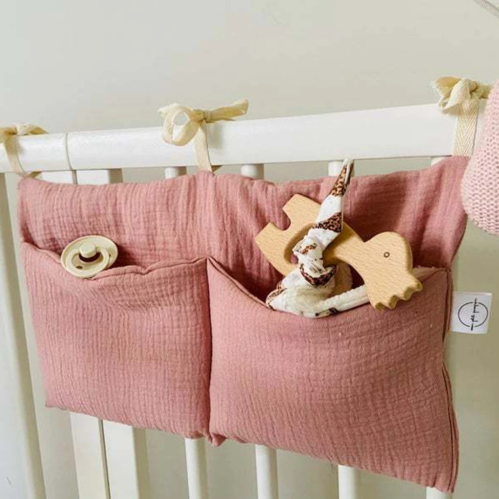 

Baby Crib Storage Bag 2 Pocket Rail-mounted Solid Color Reusable Washable Replacement Home Nipple Organizer Pouch Pink