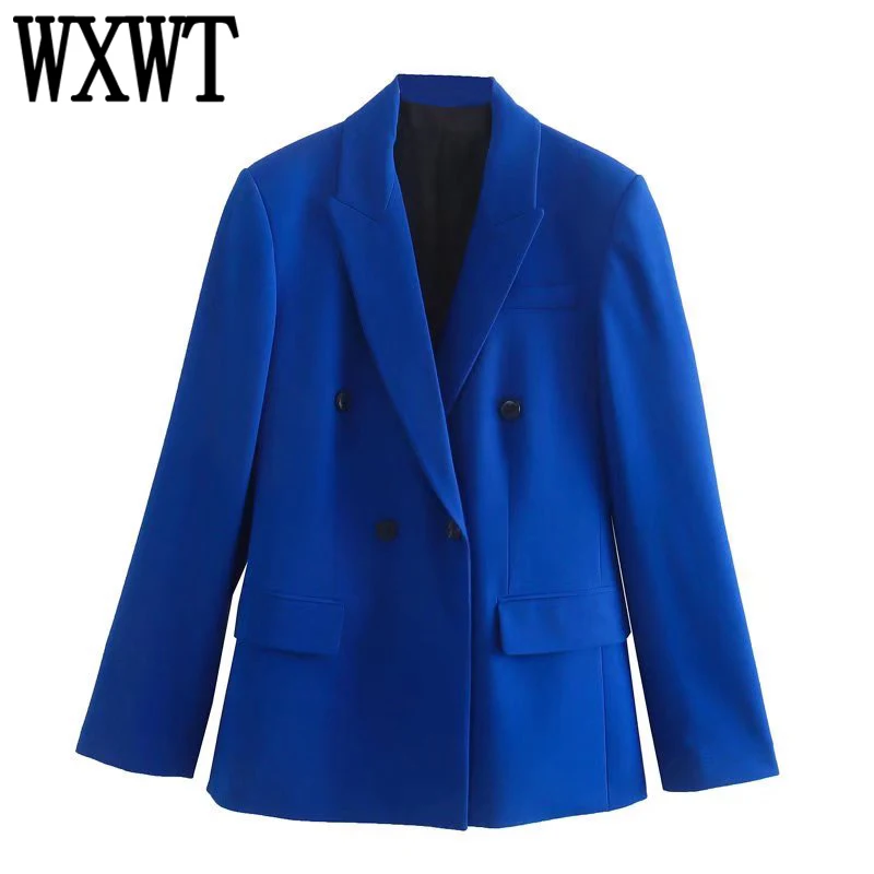 

WXWT Women Blue Double Breasted Blazers Notched Collar Long Sleeve Jacket Coat Female Office Wear Outerwear Chic Tops OP9875