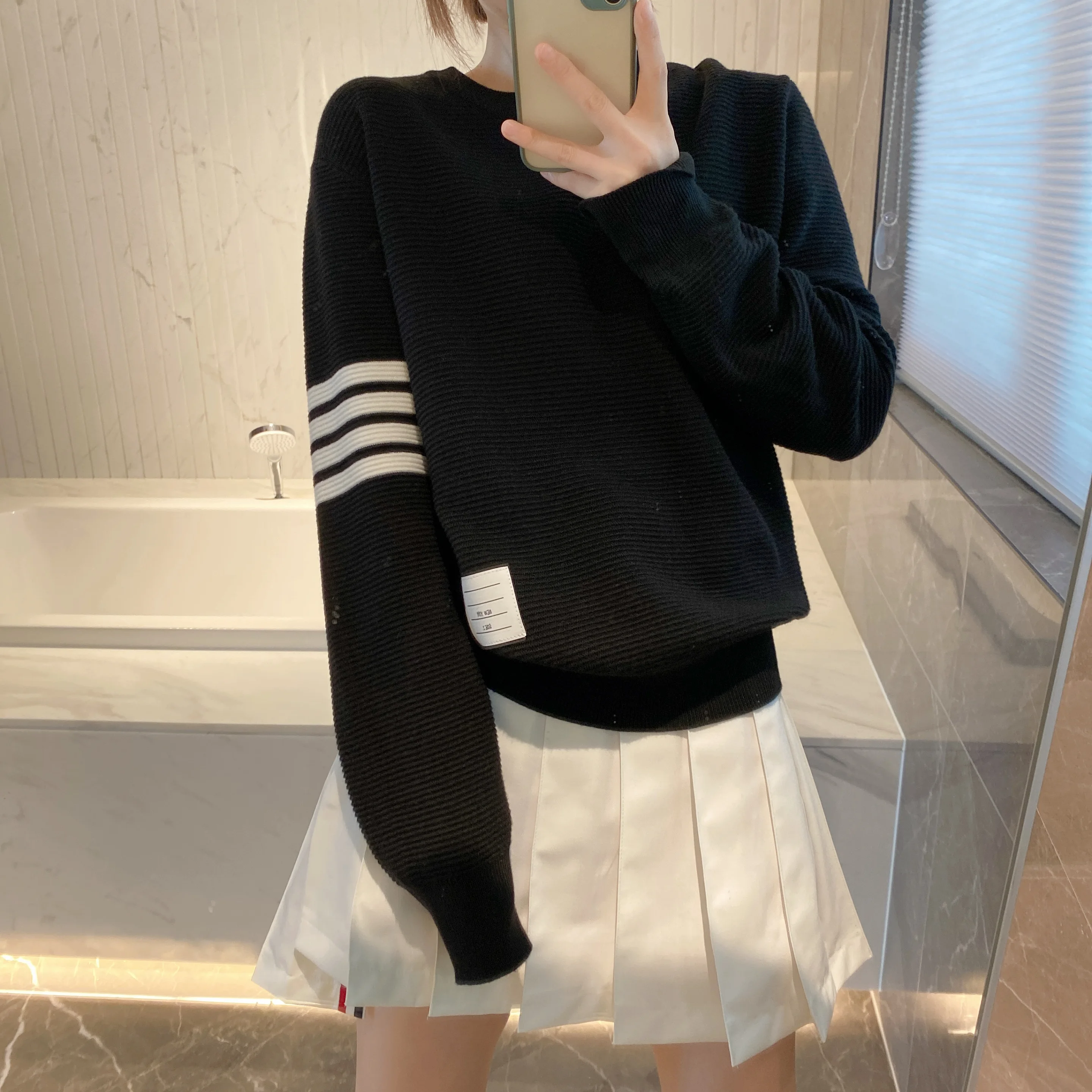 Korean Classic High-end TB Long Sleeve Round Neck Pullover College Style Wool Knitted Sweater Horizontal Stripe Four Bar Top