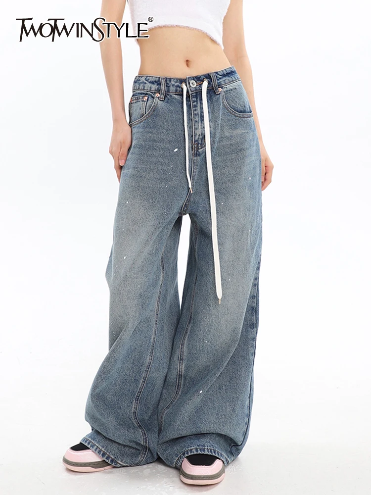 

Женские винтажные джинсы TWOTWINSTYLE, свободные широкие брюки с высокой талией и завязками, модная одежда 2023