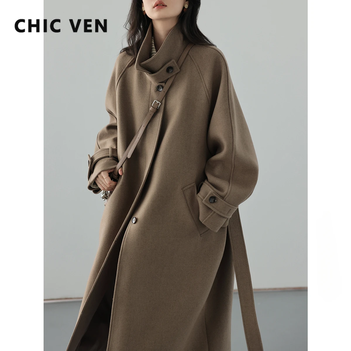 

CHIC VEN Women's Long Trencn Coat Standing Belt Lace Up Woolen Coat Raglan Sleeves Long Overcoat Office Lady Autumn Winter 2023