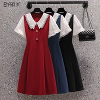 ehqaxin summer new ladies dress fashion 2022 lace stitching doll collar short sleeve button a line pullover dresses m 4xl