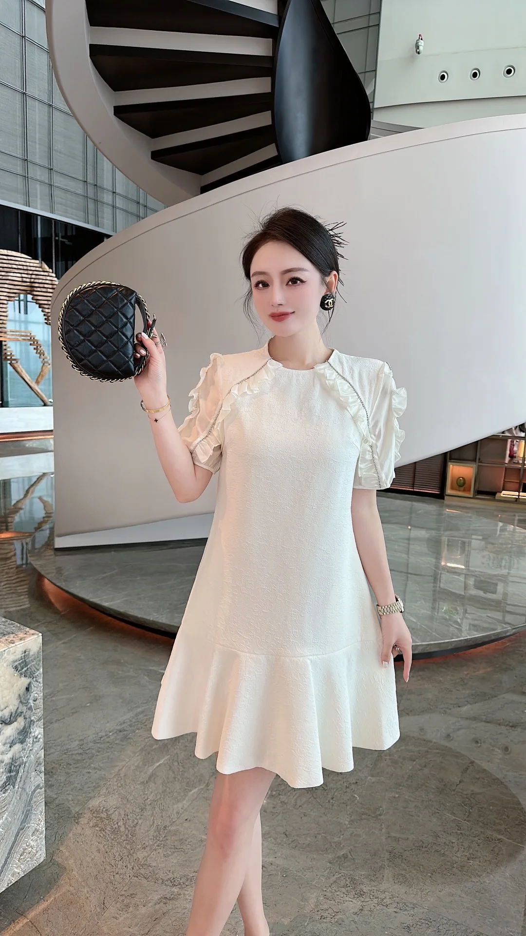 2023 spring and summer women's clothing fashion new Jacquard round Neck Puff Sleeve Lotus Leaf Dress 0526