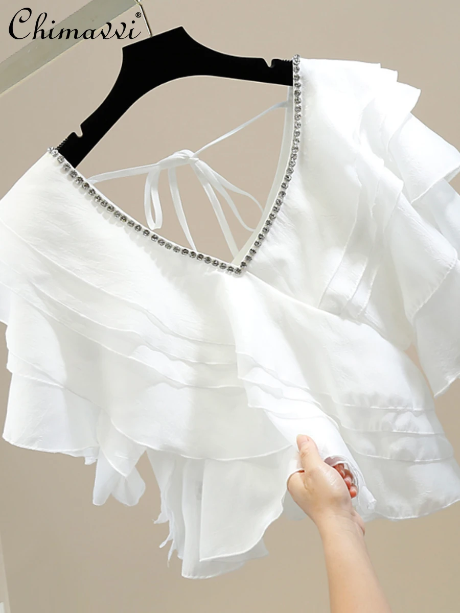 

Exquisite Rhinestone Fashion Lace-up Sweet Shirts 2022 Summer New Irregular Ruffled V-neck Design All-Matching Women Blouse