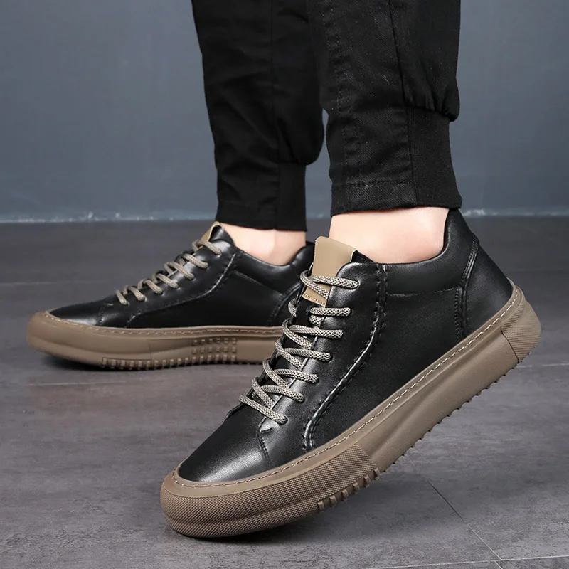 

Topvivi Fashion Skateboard Shoes Rubber Thick Bottom Mid-Top Shoes Outdoor Sport High Quality Men Shoes Leather Men's Sneakers