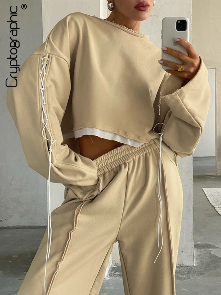 

Cryptographic Casual Spliced Bandage Sweatshirt and Pant Two Piece Sets Womens Outfits Fall Winter 2022 Tracksuits Matching Sets