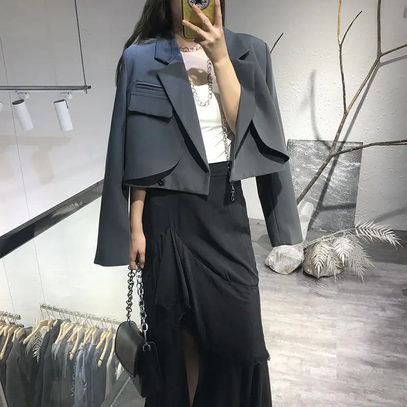Elegant Chic Crop Suit Jacket for Women Long Sleeve Solid Color Short Blazer Outwear Ladies Korean Single Button Suit Top Grey