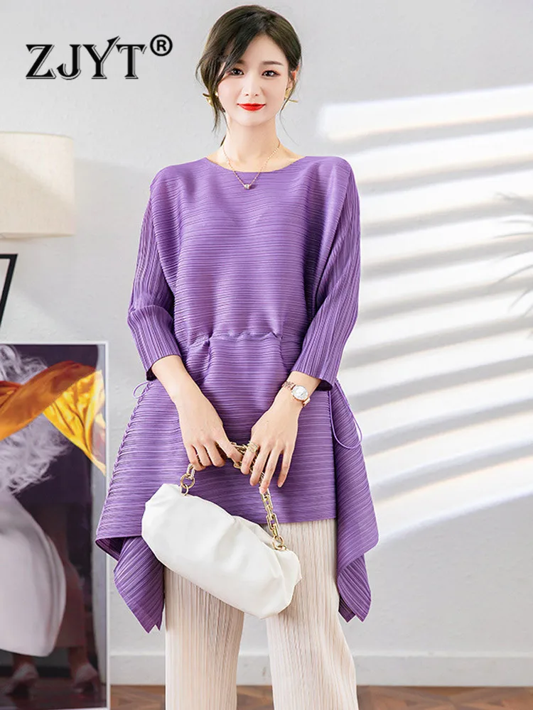 

ZJYT Spring Elegant Asymmetrical Loose T Shirt Oversize Women Fashion Casual Draw String Tees and Tops Pullover Folds T-Shirt