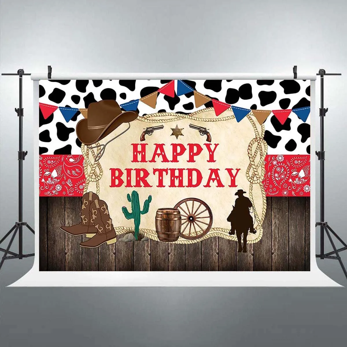 

Western Cowboy Happy Birthday Backdrop Old West Rodeo Cowboy Background Red Bandana and Rustic Wood Kids Party Decor Banner Prop
