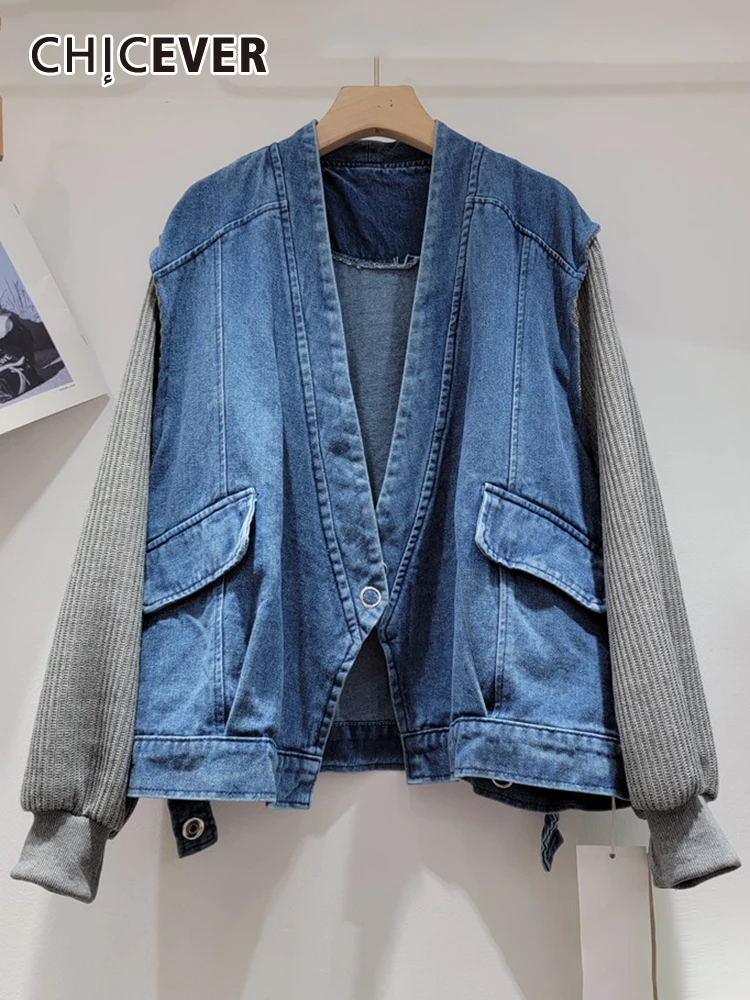 

CHICEVER Patchwork Knitting Denim Coats For Women V Neck Long Sleeve Single Button Autumn Casual Fashion Hit Color Coat Female