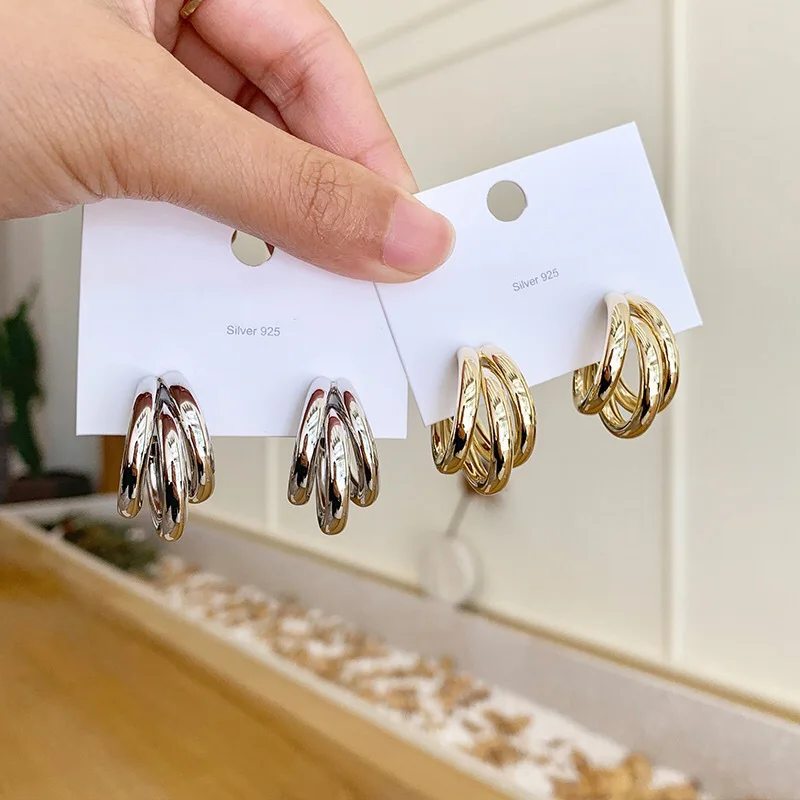 

Trendy Punk Three-layer Circle Stud Earrings Gold & Silver Color Women Fashion Party Round Ear Earring Jewelry Unique Design