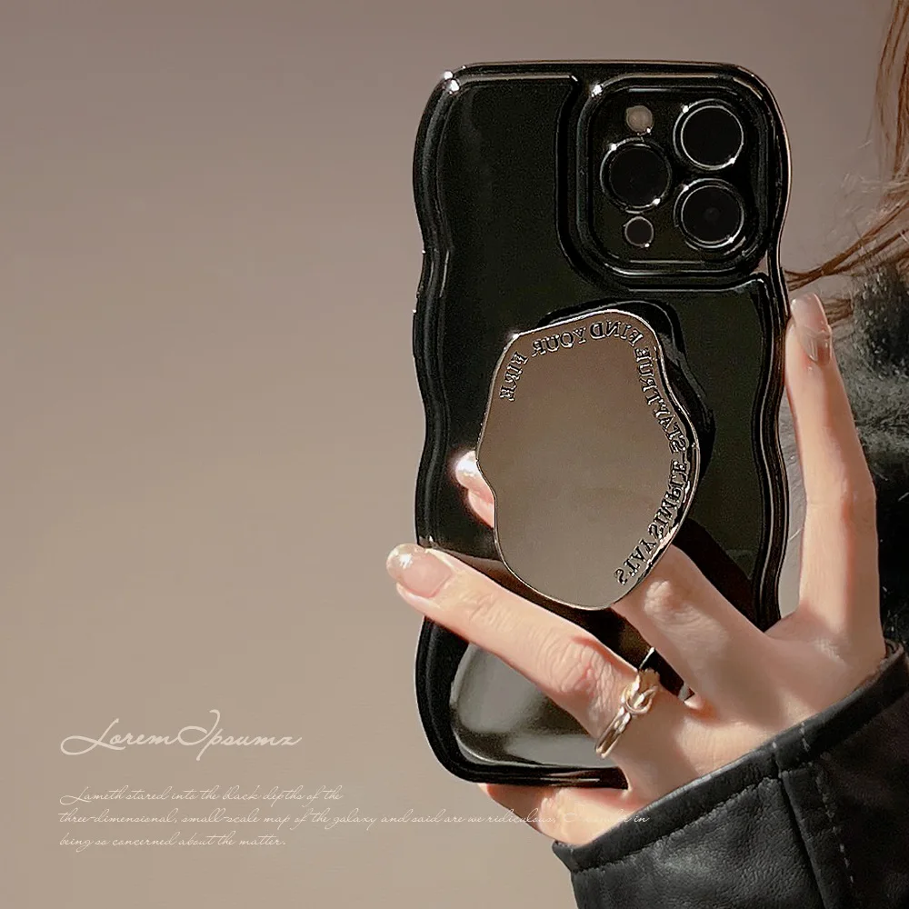 

Ins Wave Design Electroplated Bright Black Back Cover Holder Phone Case For IPhone 14 11 12 13 ProMax X XS Max XR 7/8Plus