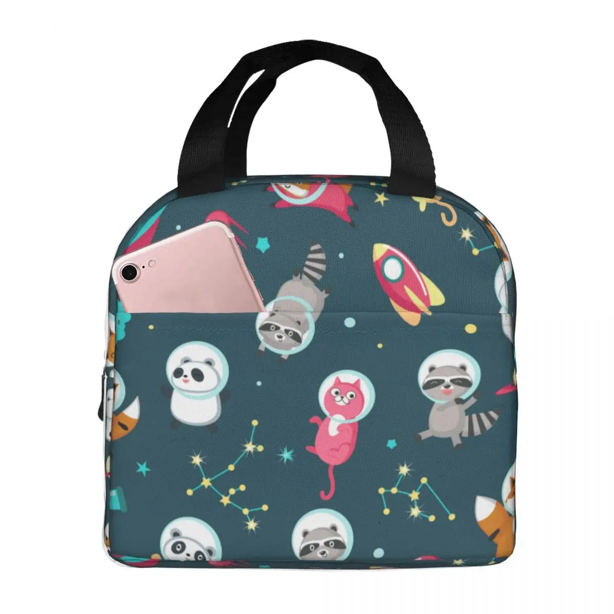 

Insulated Lunch Bag Thermal Cute Astronauts Panda Raccoon Cat And Fox In Outer Space Tote Bags Cooler Picnic Food Lunch Box Bag