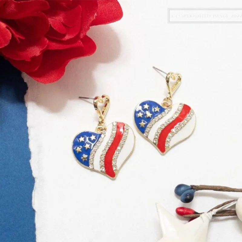 

American Flag Heart Post Earrings with Rhinestone | Fourth of July Dangle Earrings for Women | Patriotic Star Heart Jewelry Gift