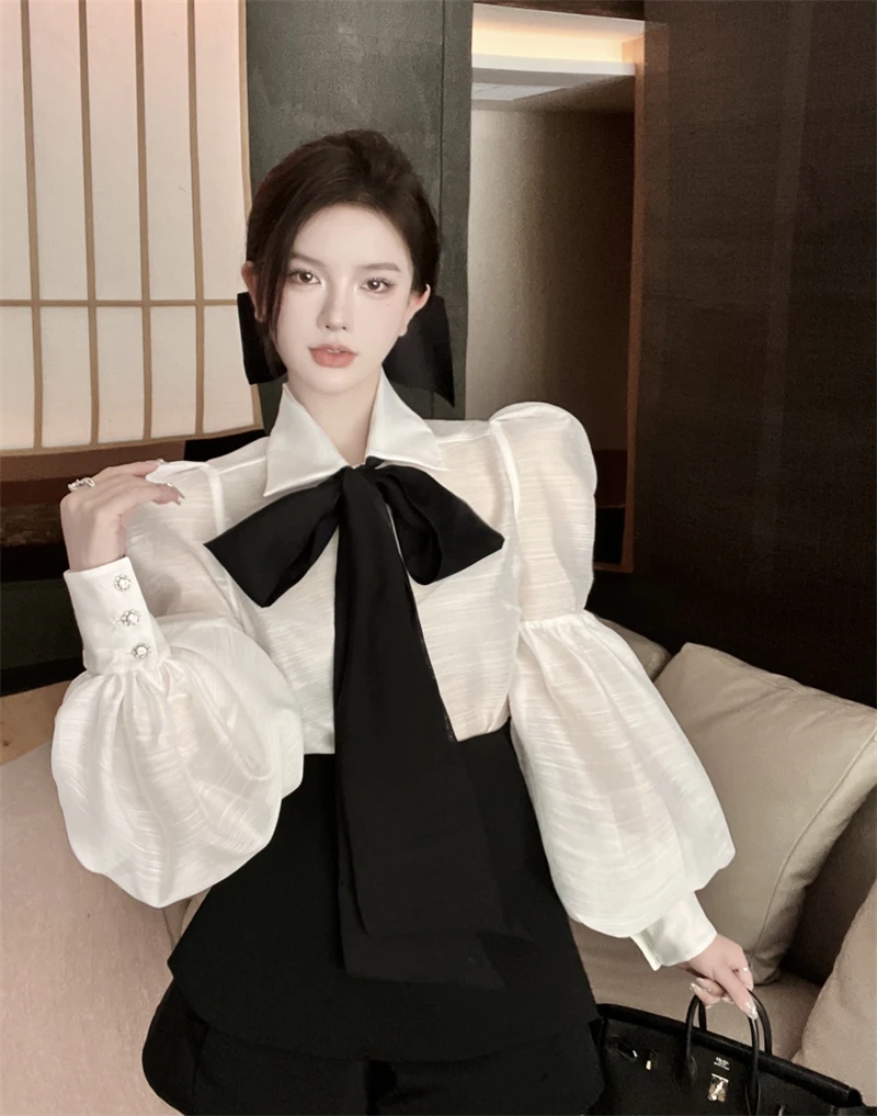 

Женская блузка с бантом и рукавами-фонариками, облегающая блузка в Корейском стиле, 2023