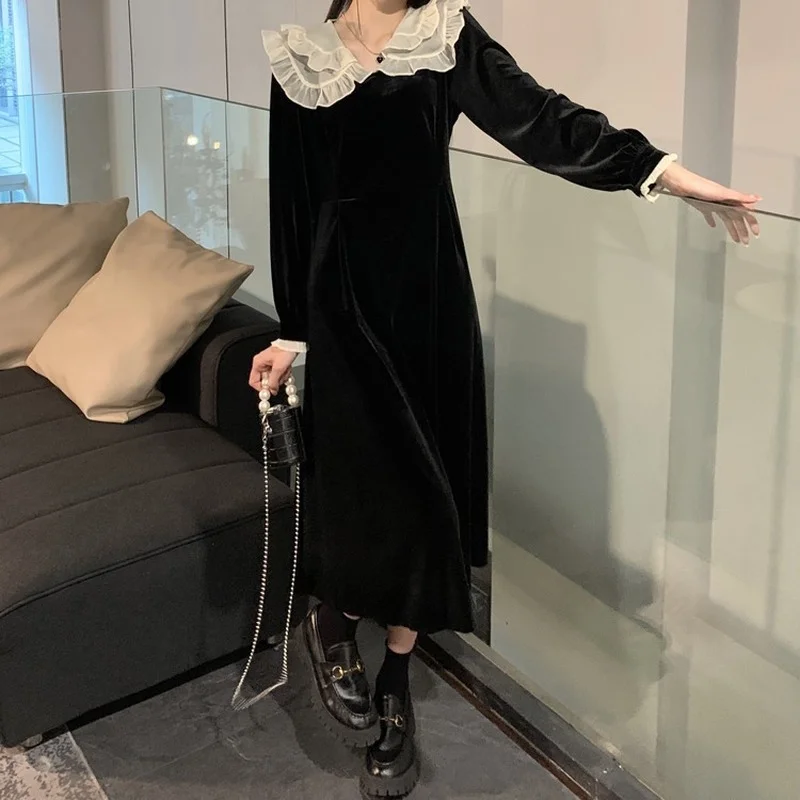 

Japan Korea Chic Fenimine Vestidos Women Fashion French Style Design Peter Pan Collar Cute Sweet Date Black Velvet Dress