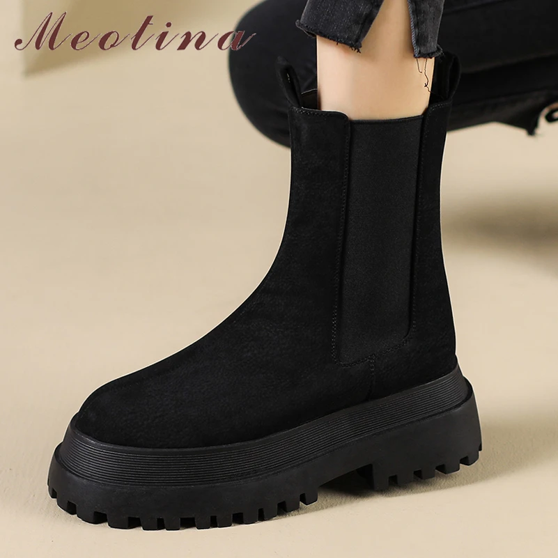 

Meotina Women Genuine Leather Ankle Chelsea Boots Round Toe Platform Flat Lady Kid Suede Fashion Short Boot Autumn Winter Shoes