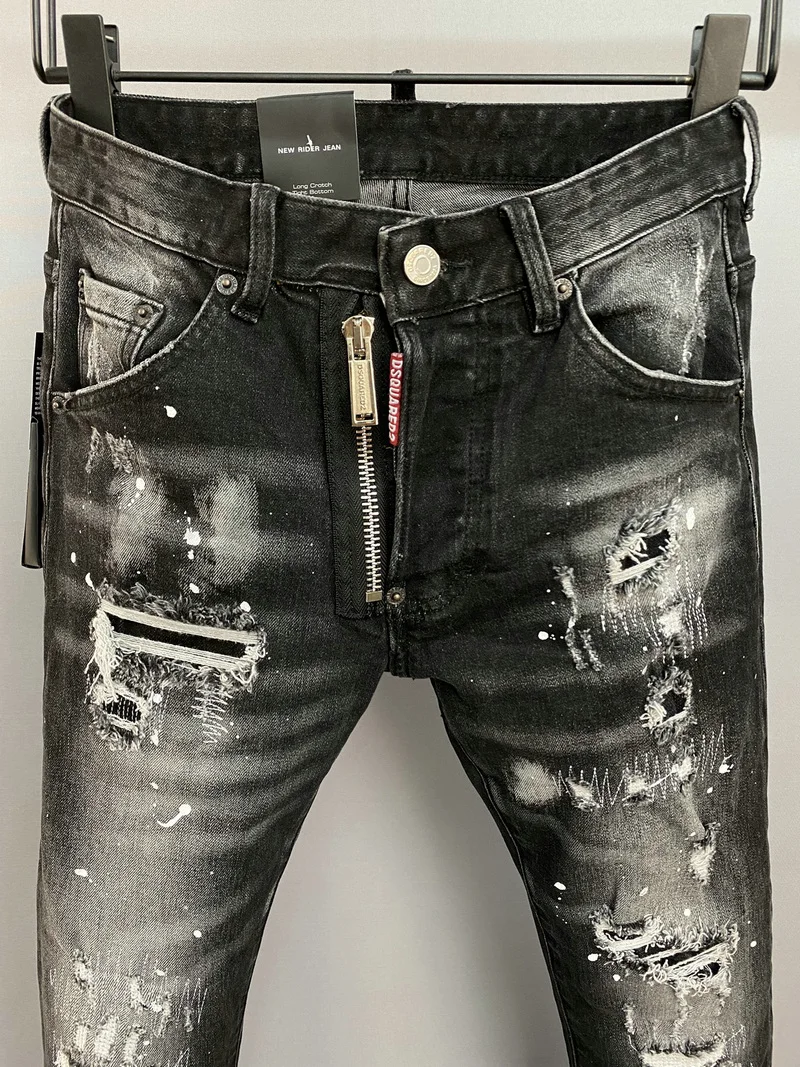 New DSQUARED2 Jeans Men/Women Fashion Ripped Zipper Decoration Slim Stitching Paint Feet Pants