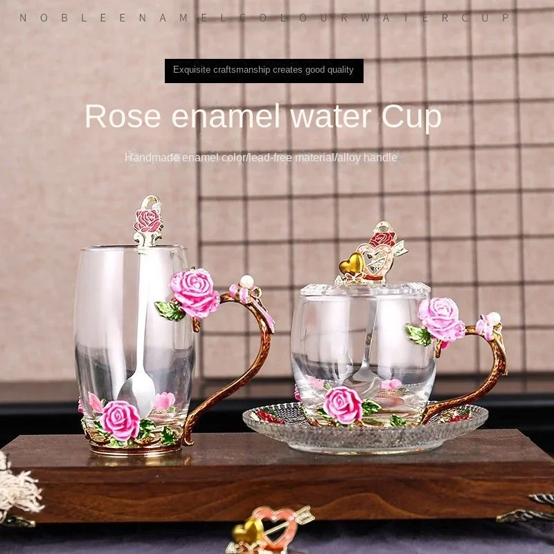 

Rose Enamel Crystal Glass Mug Cups Cute Mugs Coffee Cups Cup for Tea Drinking Glasses for Drinks Original Mugs Free Shipping Bar