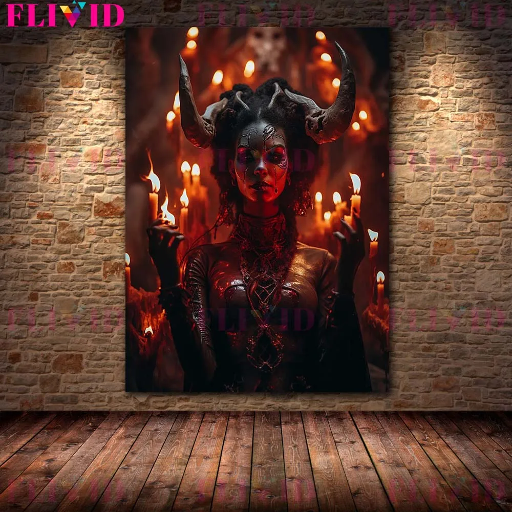 Демонический суккубус с рогами на голове винтажное настенное Искусство Холст