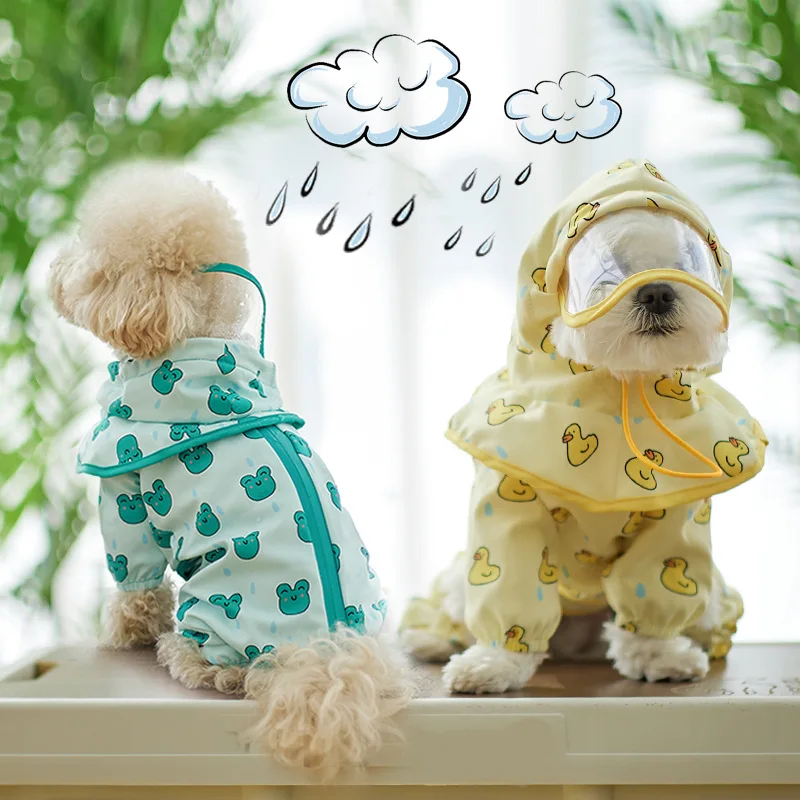 Pet Dog Raincoat Waterproof Pet Clothing Cute Duck Frog Print Detachable Hat Outdoor Dog Jacket Coat Water Resistant Pet Clothes