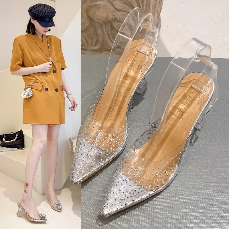 

DOGHC Transparent Sandals Women Pointed Clear Crystal Cup High Heel Stilettos Sexy Pumps Summer Shoes Peep Toe Women Pumps