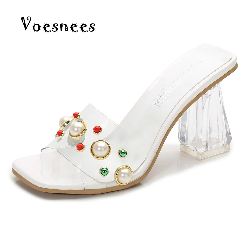 

PVC Summer Clear Transparent Slippers Women Shoes Woman Mules Slides Peep Toe High Heels 8CM Slippers Female Pearl Ladies Shoes