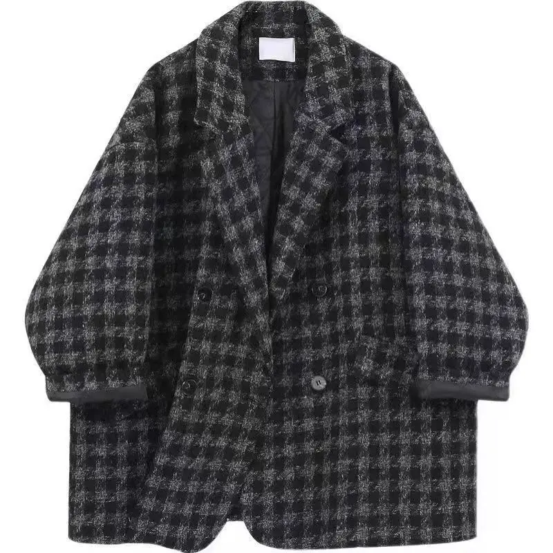 

Women's Woolen Coat Warm Long Sleeves Turned Shoulder Fashion Houndstooth Plaid Loose Thickened Suit Jacket Casual Top Women