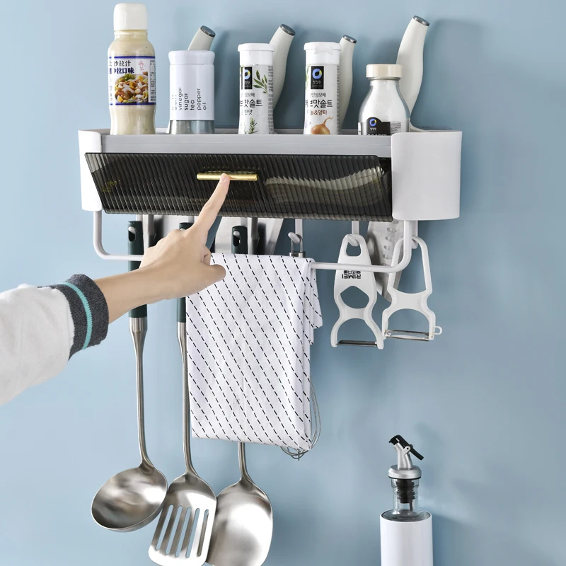 Фото Bathroom Organizer Rack Knife Seasoning Shelf With Drain Holes For Kitchen Holder Bathroom Storage Rack With Towel Rod And Hooks №1