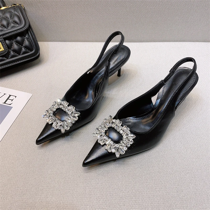

New Crycal Summer High Heels Sandals Woman Fashion Rhinestone Square Buckle Thin Heels Sliver Stiletto Pumps Slingback Sandals