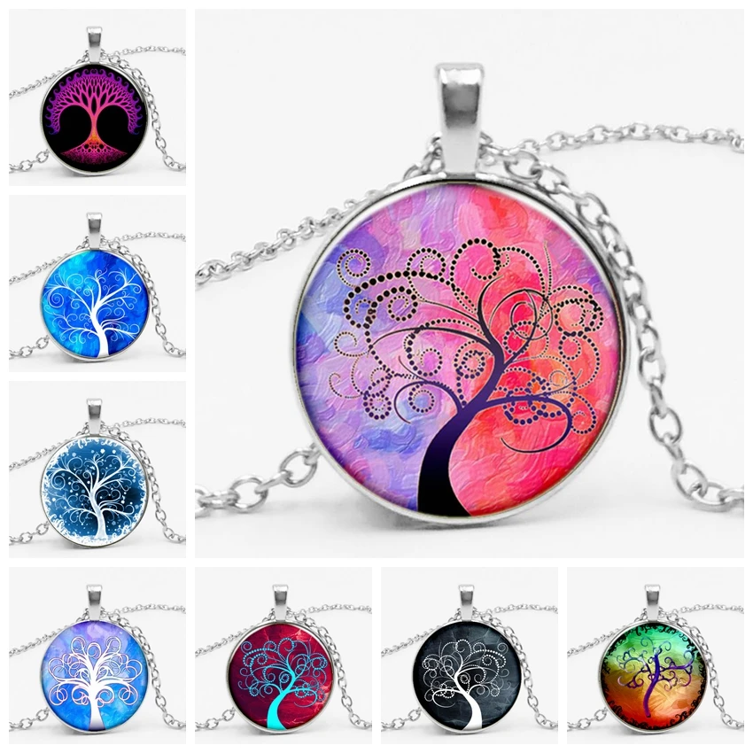 

New 3 Color Charm Tree of Life Tree Crown Time Glass Gem Pendant Necklace Convex Top Glass Item To Map Private Order