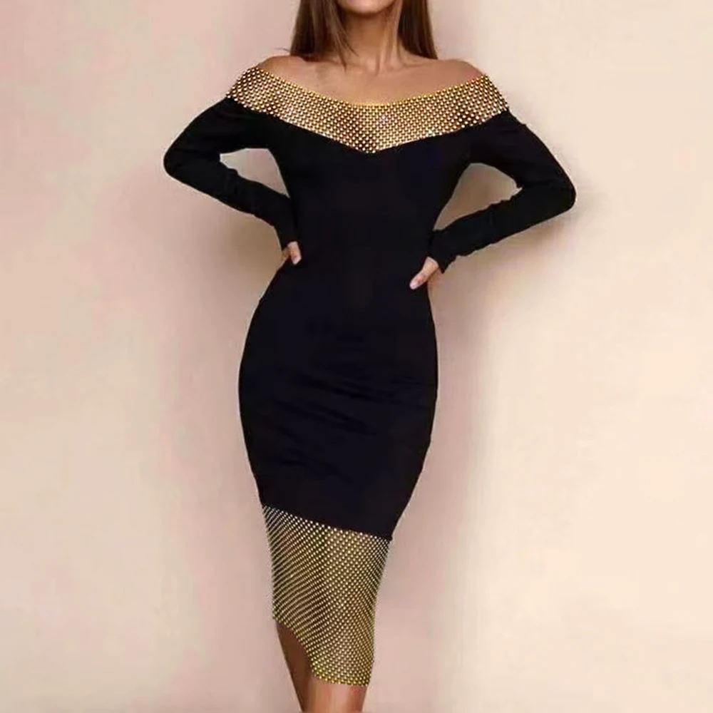 High Quality Black Slash Neck Mid-Calf Beading Off Shoulder Sexy Hollow Out Long Sleeve 2023 Club Celebrity Runway Party Dress
